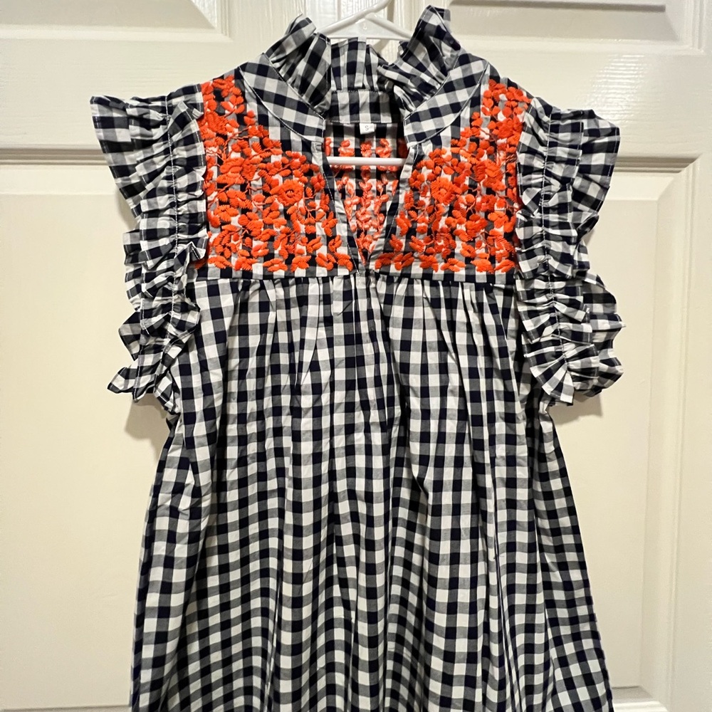 Ruffled Gingham Top with Orange Embroidery